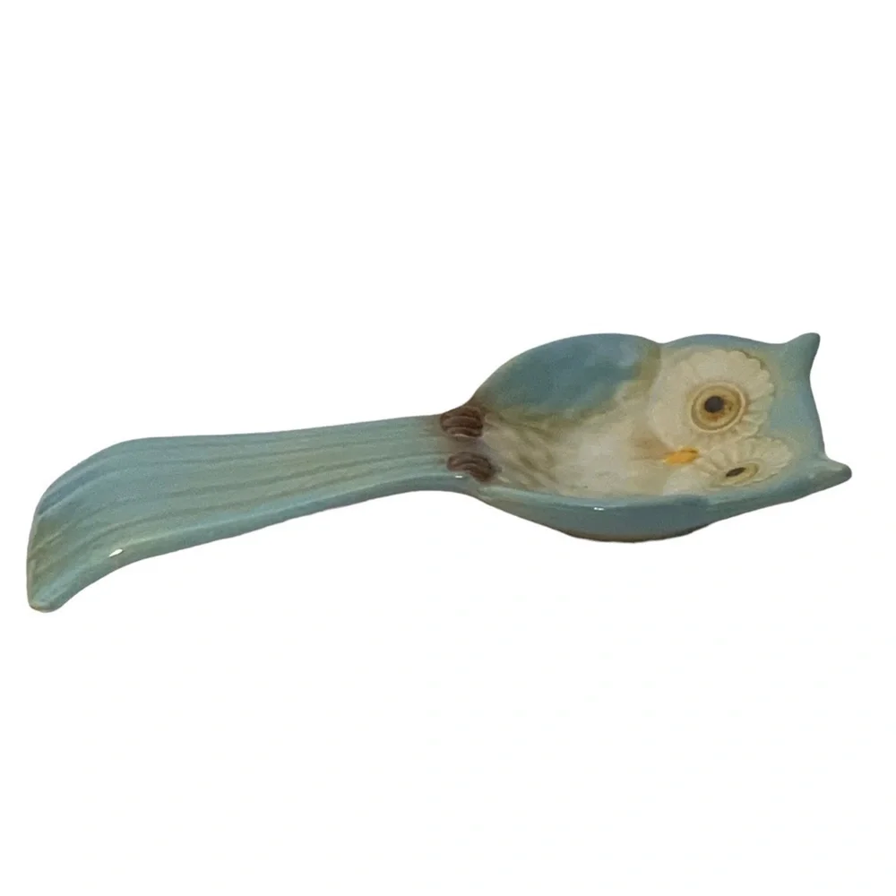 Spoon Rest Owl Shape Hand Painted Glazed Ceramic Rustic Brown Blue 10 inch